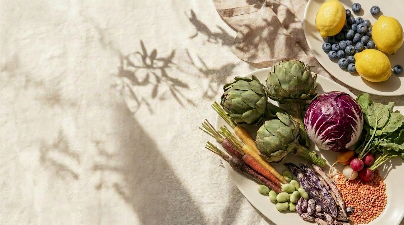 Frisches Obst, Gemüse und Hülsenfrüchte auf hellem Leinen