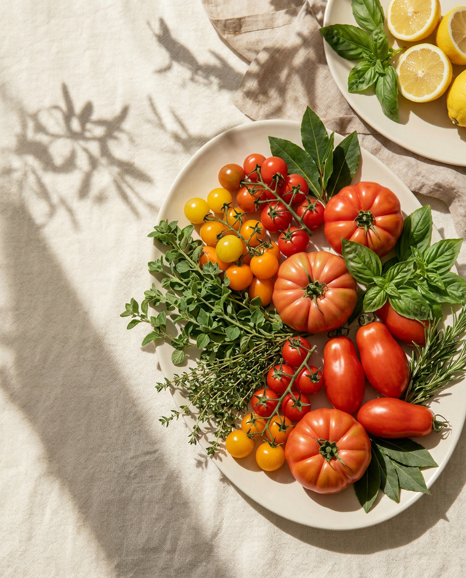 Teller mit Tomaten und frischen Kräutern