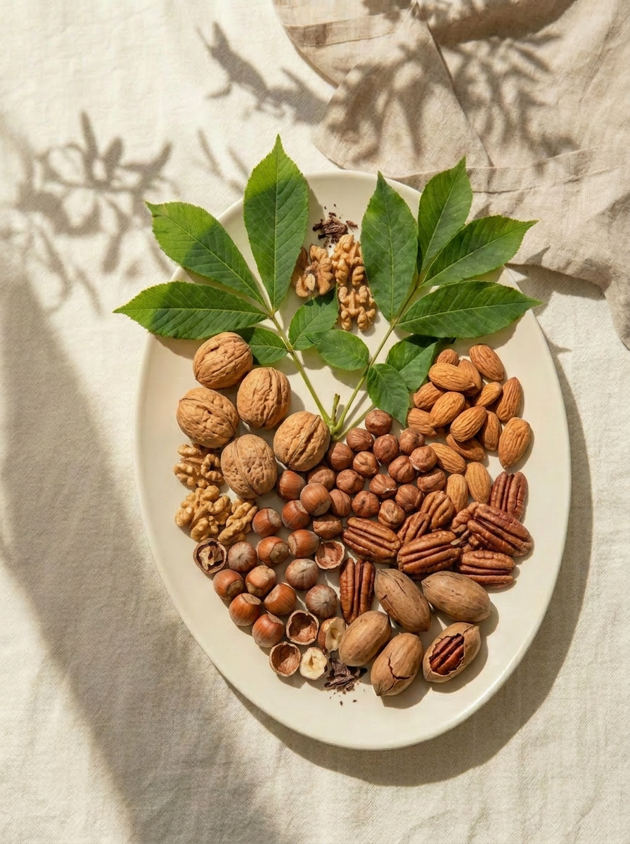 Teller mit Nüssen — Walnüsse, Mandeln, Haselnüsse und Pekannüsse