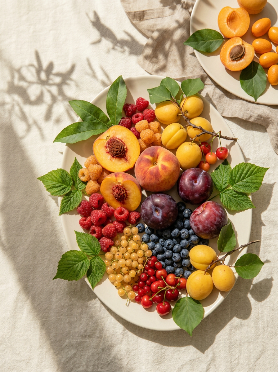 Teller mit Sommerobst — Pfirsiche, Aprikosen, Beeren und Pflaumen